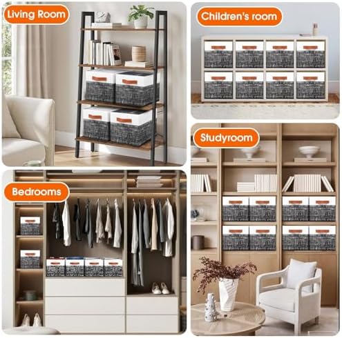 Fab totes Collapsible Storage Baskets for Shelves,14"x10", 8 Pack Foldable Fabric Storage Bins with Double Leather Handles, Large Baskets for Organizing Books, Clothes, White & Black - Image 5