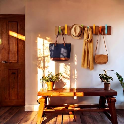 Youyole 8 Hook Wood Coat Rack Wall Mount Mid Century Modern Wooden Coat Hooks Colorful Heavy Duty Long Flip Down Piano Hat Rack for Hanging Coats Keys Hats Robe Towels Home - Image 5