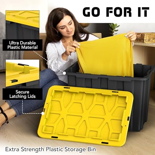 Our Modern Space 4 PACK of X-Large 23 Gallon Plastic Storage Bin Tote Organizing Container with Secure Latching Lids, Stackable, Extra Strength with Built in Handle - Black & Yellow - Image 3