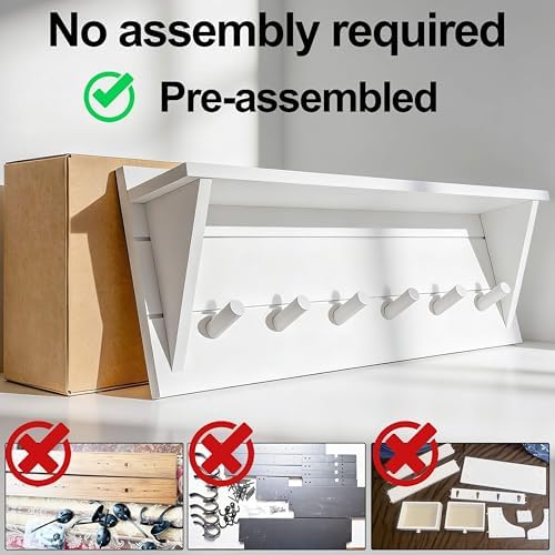 WEBI Coat Rack Wall Mount with Shelf,24" Long Entryway Wall Shelf with Hooks Underneath,6 Peg Hooks for Hanging Coats,Caps,Jacket,Clothes,White - Image 5