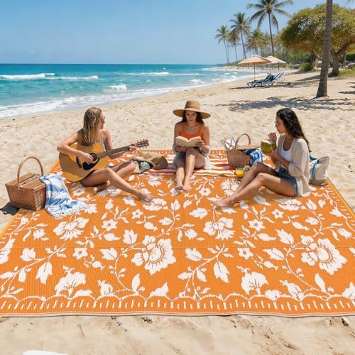 Garvee Outdoor Rug Waterproof 6x9 Floral Outdoor Plastic Straw Rug, Orange - Image 3