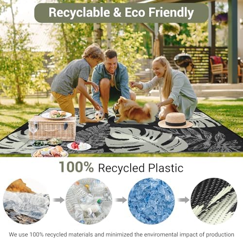 Waterproof 9x12 Outdoor Rug for Patio Reversible Plastic Straw Rug Leaves Camping Carpet with Carry Bag, Stain & UV Resistant Portable RV Carpet for Camper Deck Balcony Porch Beach Picnic,Black - Image 4