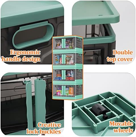 Storage Bins with Lids, Stackable Wheels & Folding Plastic Boxes 4 Set, Collapsible Containers for Closet Office Organizing, Clothes, Toys, Books, 52 Gallons, Dark Green - Image 3