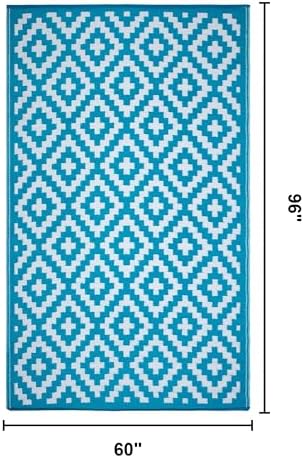FH Home Outdoor Rug - Waterproof, Fade Resistant, Reversible - Premium Recycled Plastic - Geometric - Patio, Porch, Deck, Balcony - Aztec - Teal & White Crease Free - 5 x 8 ft - Image 2
