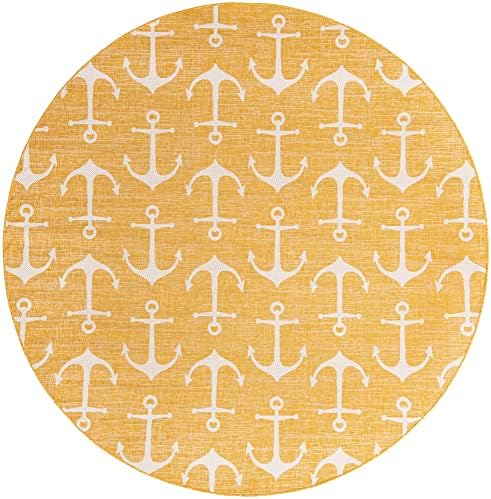 Unique Loom Outdoor Coastal Collection Area Rug - Ahoy (10' Round, Yellow) - Image 3