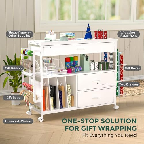Wrapping Paper Storage & Organizer, Craft Cart with Ribbon & Gift Bag Storage, Wrapping Paper Organizer Holder(3 Wooden Drawers-White) - Image 2