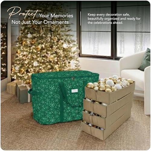 Covermates Keepsakes Adjustable Ornament Storage Bag – Heavy-Duty Polyester, Padded Dividers & FlexGrid Trays – Protective Holiday Ornament Organizer with Handles & Label Window, Green Snowflake - Image 2