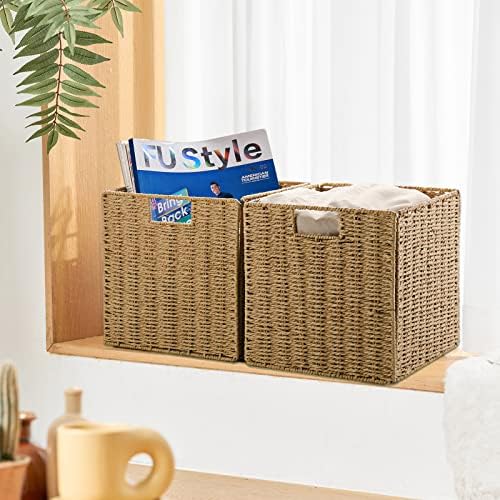 Vagusicc Wicker Baskets, Set of 2 Hand-Woven Storage Baskets for Shelves with Handles, Foldable Cube Wicker Storage Basket Bins Organizer 13 Inches Large Woven Baskets for Storage Organizing & Decor - Image 4