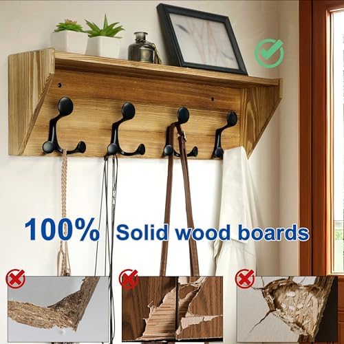 WEBI Wall Shelf with Hooks Underneath,24" Long Wall Mounted Coat Rack with Shelf,Entryway Coat Rack with 4 Triple Hooks for Hanging Coats,Jacket,Hallway,Bedroom,Mudroom,Brown - Image 4