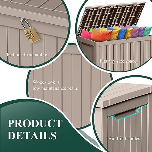 Outdoor Waterproof Resin Storage Deck Box Lockable Outside Bench UV Resistant Bin Patio Porch Furniture Pool Float Garden Tool Cushion (Grey, 280 Gallon) - Image 5