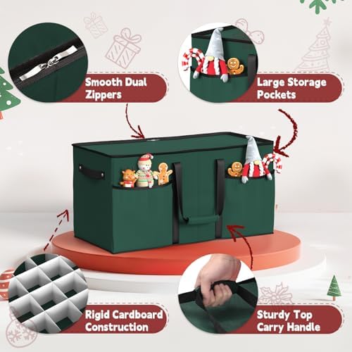 Sunvigor Christmas Ornament Storage Box with 8 Trays, Fits 128 Holiday Ornament Christmas Storage Container with Adjustable Dividers, Dual Zipper, 600D Oxford Christmas Decorations Storage(Deep Green) - Image 2