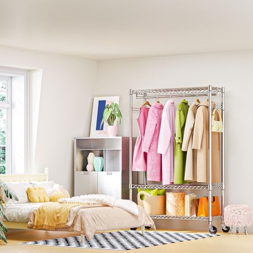 M MZG Heavy Duty Rolling Garment Rack 3 Tiers Adjustable Wire Shelving Clothes Rack with 1 Rods and Side Hooks,Storage Closet Clothing Rack with Wheels Chrome 15.7" D x 45.3" W x 75.6" H - Image 6
