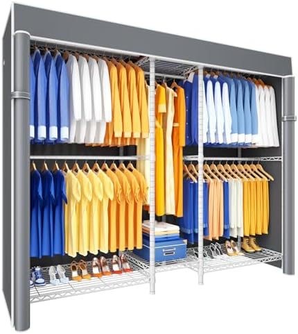 Ulif E12C Pro Heavy Duty Closet Organizer System，Freestanding Clothing Racks for Hanging Clothes，Adjustable Garment Rack 71"W x 16"D x 76.5"H Hold 960lbs，White Clothing Rack with Grey Dustproof Cover by Ulif