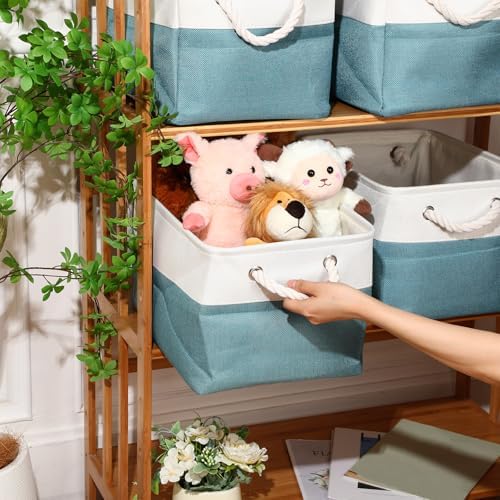 meekoo 8 Pack Fabric Storage Bins Baskets, 15 x 11 x 9.5 in, Cyan White - Image 3