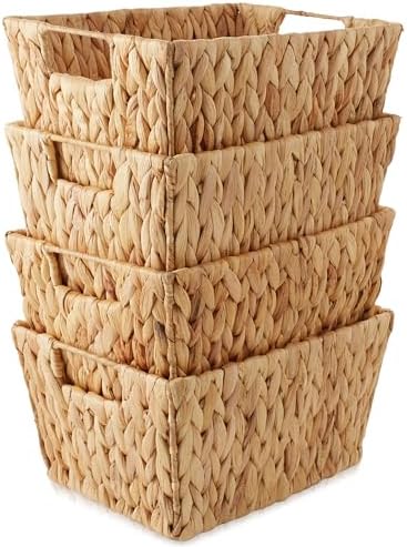 Casafield Set of 4 Water Hyacinth Storage Baskets with Handles - Natural, Woven Storage Bins for Shelves, Blankets, Laundry Organization - Image 2