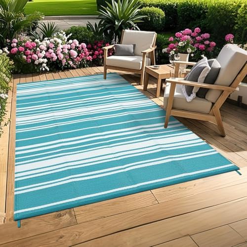 GAOMON 8x10 Modern Lines Reversible Outdoor Rug Waterproof Geometric Striped Plastic Straw Outdoor Rug UV-Resistant Portable Outdoor Large Carpet Mat for Camping Patio Balcony Picnic Teal White - Image 2