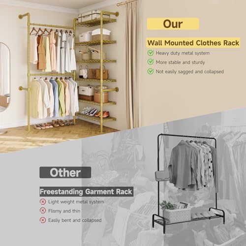 ONBRILL L2 Wall Mounted Closet System, Industrial Pipe Clothing Rack, Gold - Image 4