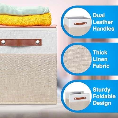 11 Inch Cube Storage Bin - 6 Pack - Linen Fabric 11x11 Cube Storage Bins for Bedroom, Living Room, Clothes and Toys; Foldable, Dual Leather Handles - Image 4