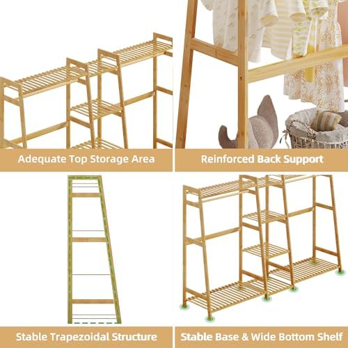 BAMBOOHOMIE Kids Clothing Rack with Shelves, Bamboo Clothes Garment Rack for Kids Child Baby, Kids Dress Up Storage Rack with Top Shelf, Toddlers Wardrobe Closet for Nursery (Large Size) - Image 2
