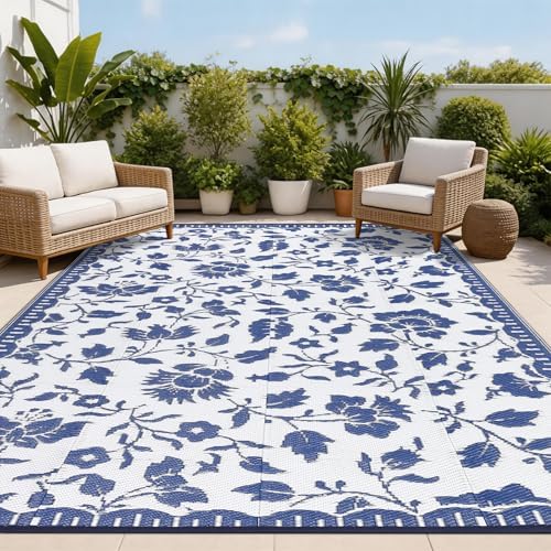 Garvee Camping Rugs for Outside Your RV 10x14 Floral Patio Rugs,Navy＆White by Garvee