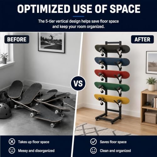 Single-sided Snowboard Storage Rack | 5-Tiers Free Standing Water Ski Rack | Wakeboard Racks, Home Gym Organize Holder, Free Standing 5-Tiers Metal Snowboard Storage Racks(43.3x11.8x11.8 inch) - Image 5