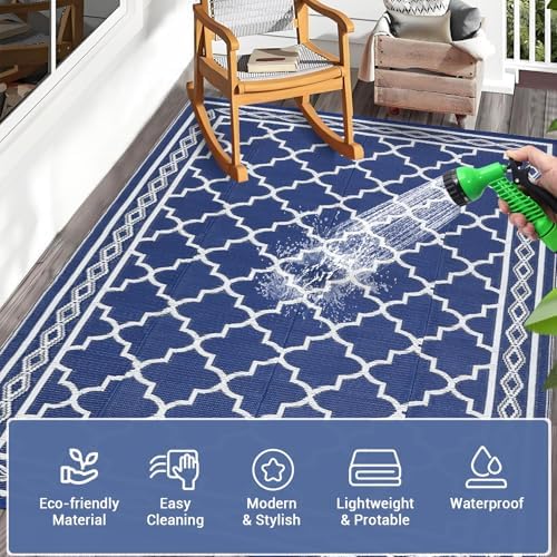 GAOMON Outdoor Rug Waterproof 8'x10', Reversible Outdoor Plastic Straw Rug, Boho Patio Rug, Indoor Outdoor Carpet, RV Mat Outside for Patio, Camp, Picnic, Balcony, Deck, Navy/White(Geometric) - Image 5
