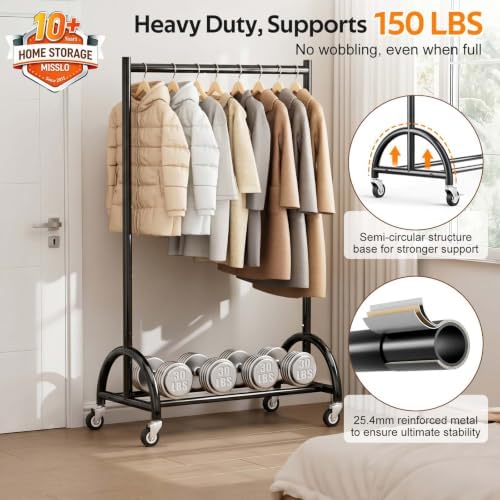 MISSLO Heavy Duty Clothing Rack with Wheels Rolling Clothes Racks for Hanging Clothes, Coats, Garment, Dress, Black, 30" W - Image 2