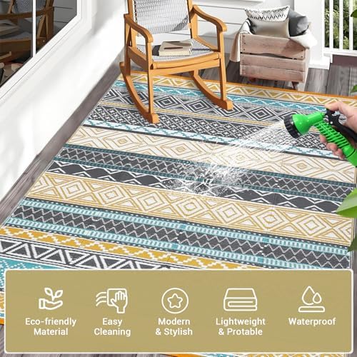 GAOMON Outdoor Plastic Straw Rug, 10'x20' Reversible Sage Green Patio Mat, Flower Modern Design for RV, Backyard, Deck, Camping, Picnic, Teal/Yellow(Bohemia) - Image 4