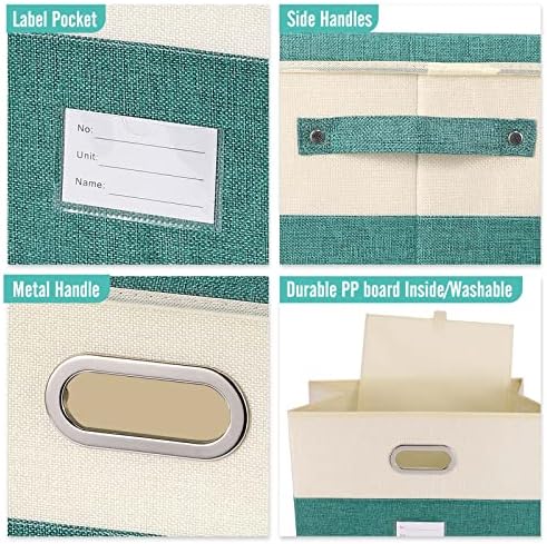 Large Linen Fabric Foldable Storage Bins with Removable Lid and Handles, Washable Storage Box Organizer Containers Baskets Cube with Cover for Bedroom,Office(Green&Cream, Large(2-Pack)) - Image 2