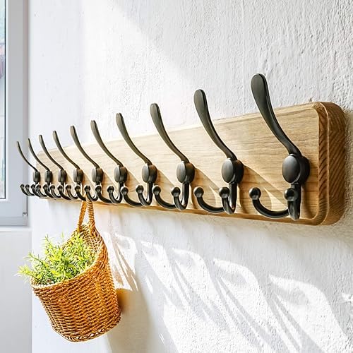 Dseap Coat Rack Wall - Heavy-Duty 38-1/4" Long, with Reinforced 10 Custom Tri-Hooks, Solid Wood Wall Hanger for Coats Hat Jackets - Rustic Farmhouse Entryway Hallway Storage, Weathered Brown & Black - Image 2