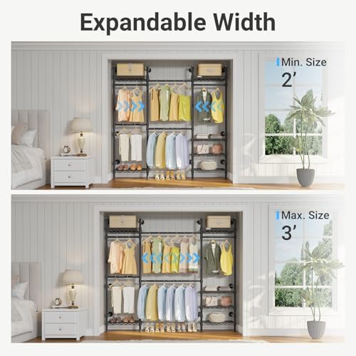 Timate F3 Medium Wall Mounted Clothes rack Expandable Closet, Industrial Pipe Clothing Rack for Hanging Clothes, Heavy Duty Clothes Rack with Shelves, Garment Rack Wall Closet System Black Pipe Closet - Image 5