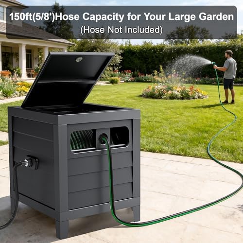 Metal Garden Hose Reel Box, Heavy Duty 150Ft 5/8" Large Capacity Hose Storage Deck Box with Hose Guide, 6Ft Leader Hose, Leak-Proof Aluminum Water Connection, Manual Crank Handle (Dark Brown) - Image 2