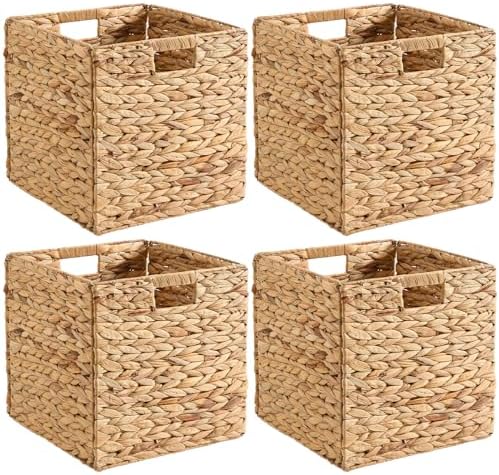 Handwoven Water Hyacinth Storage Baskets set of 4 Foldable Cube Bins Storage Oragnizer for Cabinet Shelf Bedroom Living Room (Natural, 13" L x 13" W x 13" H) by HaoGZMZFCL