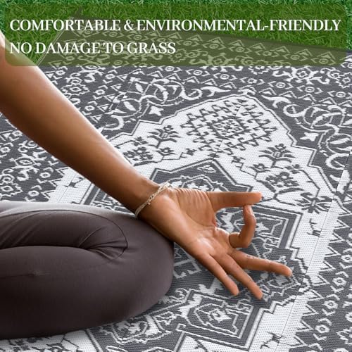 Reversible Mat 8x10 Plastic Straw Rug Outdoor Rug Medallion Area Rug Waterproof Patio Rug Outdoor Camping Rug for RV Porch Deck Camper Balcony Backyard Easy Cleaning Picnic Mat Grey White - Image 5