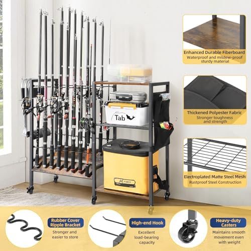 Olakee Fishing Rod Holders, Rolling Fishing Rod Rack for Garage & Boat, Tackle Box & Reel Holder Cart, Easy Assembly Fishing Gear Management System, Ideal Birthday Gift for Men Dad Anglers - Image 2