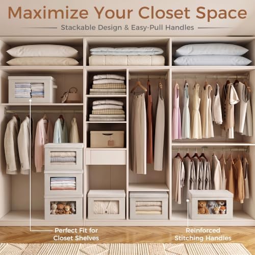 3-Pack Large Storage Bins with Lids & Clear Window, Foldable Fabric Closet Organizer Boxes, Stackable Cube Baskets with Soft Handles for Clothes & Blankets, 17”, Beige - Image 5