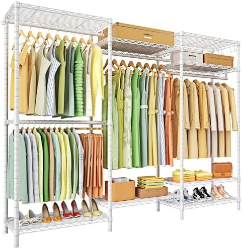 Ulif E13 Heavy Duty Clothes Rack（With 4 Hanger Rods & 8 Shelves） Freestanding Clothing Racks for Hanging Clothes，Adjustable Closet Organizer，Metal Garment Rack 63" W x16 D x77 H，Max Load 900LBS，White by Ulif
