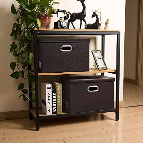 PRANDOM Collapsible Storage Bins with Lids [3-Pack] Leather Fabric Foldable Storage Boxes Organizer Containers Baskets Cube with Cover for Bedroom Closet Office Nursery Brown (14.9x10.8x10) - Image 3