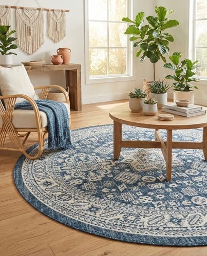 Rugs.com - Outdoor Aztec Rug – 8 Ft Round Blue Indoor/Outdoor Rug – Weather-Resistant Flatweave for Patios, Decks, and Porches - Image 5