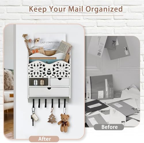 3-Slot Mail Sorter Organizer Wall Mount with 6 Hooks - Image 3