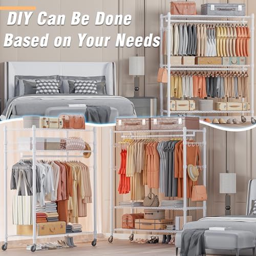 Homdox 3 Tier Garment Rack with Wheels, Portable Closets for Hanging Clothes Heavy Duty, Closet Racks and Shelving with Double Hanger Rods & Side Hooks, White - Image 4