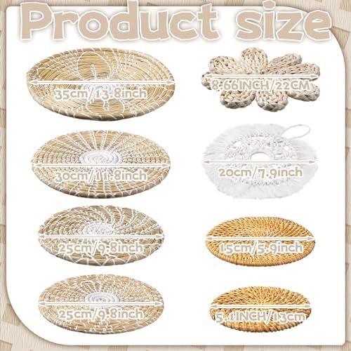 11 Pcs Boho Hanging Wall Basket Decor Handmade Woven Basket Wall Decorative Boho Wicker Baskets Placemats Round Farmhouse Bulrush Art for Rustic Home Decorations Christmas Gift(Fresh) - Image 3