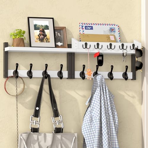 35'' White Coat Rack Wall Mount with Shelf, Solid Wood Coat and Key Hanger with 13 Metal Hooks, Farmhouse Wall Organizer for Mail, Entryway Wall Hangers for Hats, Clothes, Backpacks, Mudroom by Unknown