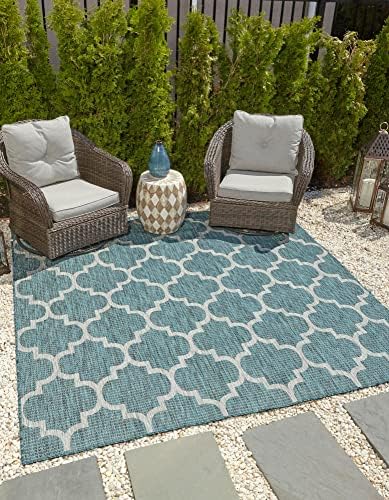 Unique Loom Outdoor Trellis Collection Area Rug - Trellis (Square 13' 0" x 13' 0", Teal/ Gray) by UniqueLoom