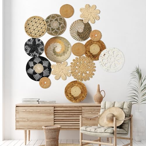 Xuhal 15 Pcs Boho Wall Basket Decor Handcrafted Seagrass Woven Wall Basket Rustic Round Woven Hanging Art for Home Farmhouse Kitchen Table Living Room(Stylish Style) - Image 6