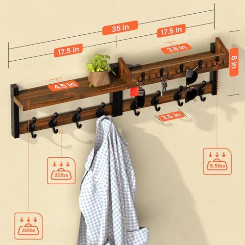 35'' Long Rustic Coat Rack Wall Mount with Shelf, Solid Wood Coat and Key Hanger with 13 Metal Hooks, Farmhouse Wall Organizer for Mail, Entryway Wall Hangers for Hats, Clothes, Backpacks, Mudroom - Image 3