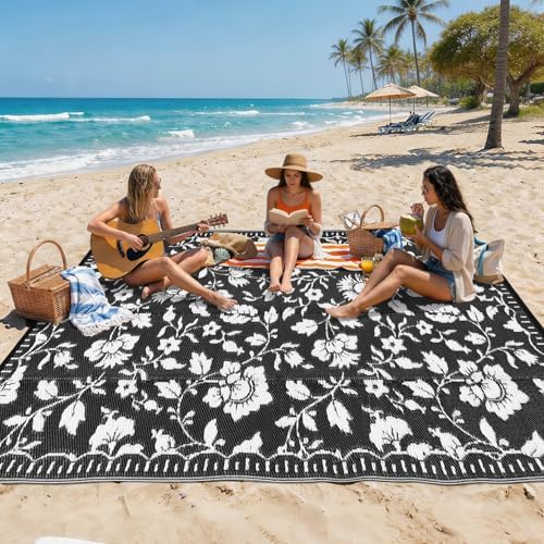 Garvee Floral Outdoor Rug 9x12 Patio Waterproof Plastic Straw Rug, Black - Image 3