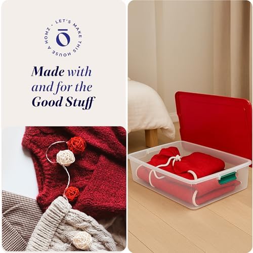 HOMZ 60-Quart Holiday Plastic Underbed Storage Bins with Red Latching Lids, Secure Clear Rolling Storage for Home Organization, 2 Pack, Green Latches - Image 6