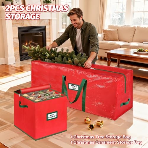 StorageRight Christmas Tree Bag & Ornament Storage Box 2Pcs Set, Waterproof 9 Ft Tree Storage & 64-Compartment Organizer with Dividers, Tag Pockets & Handles, Heavy-Duty Xmas Decor Containers, Red - Image 4