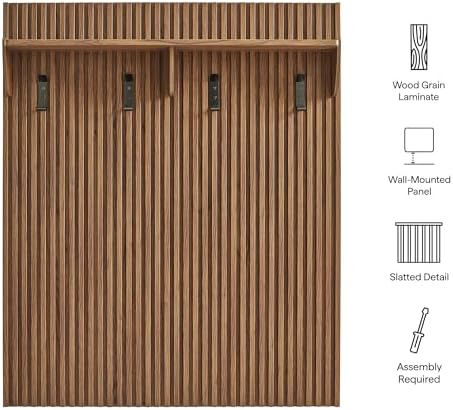 Modway Render Modern Fluted Wood Coat Rack Panel in Walnut with Shelf and Hooks – Wall-Mounted Entryway Organizer for Hallway, Mudroom, or Foyer - Image 2